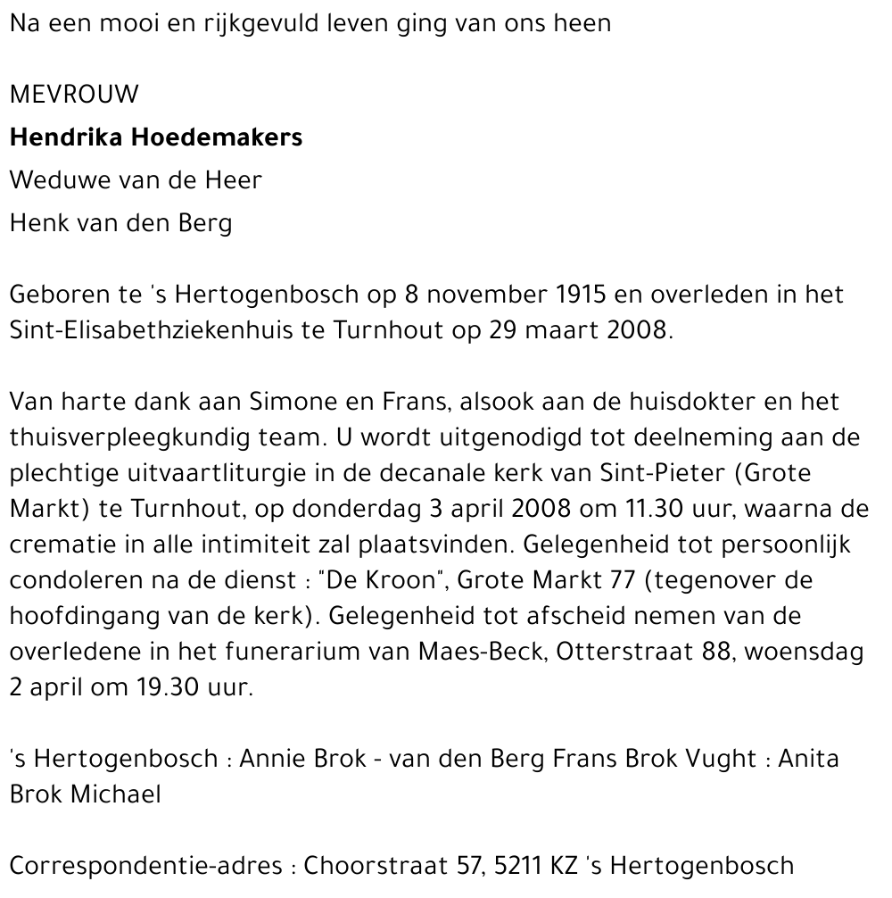 Hendrika HOEDEMAKERS