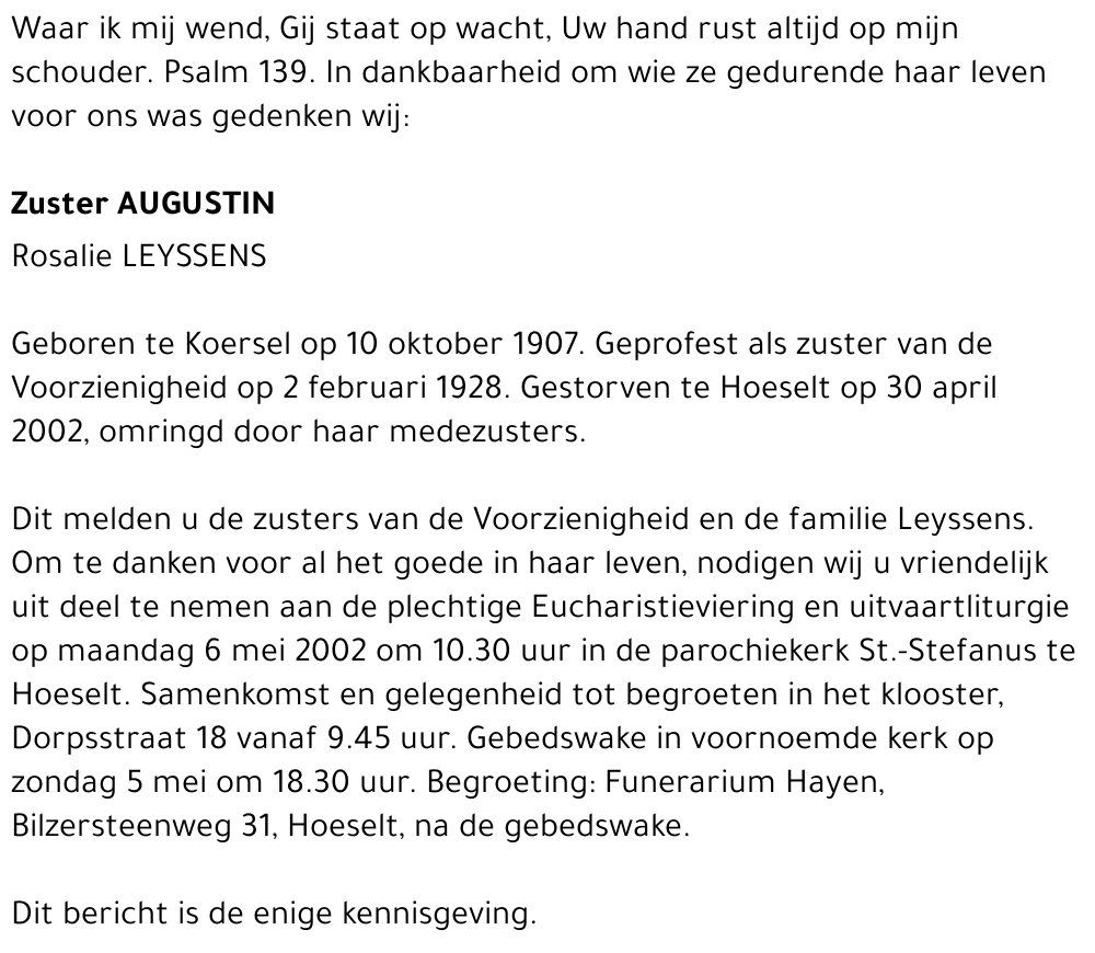 Zuster Augustin Rosalie Leyssens