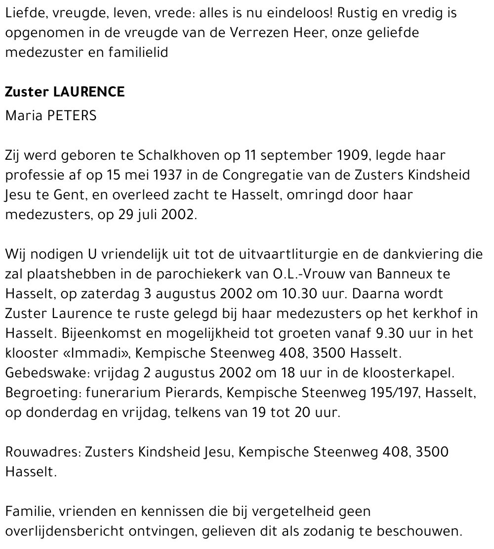 Zuster Laurence (Maria) Peters