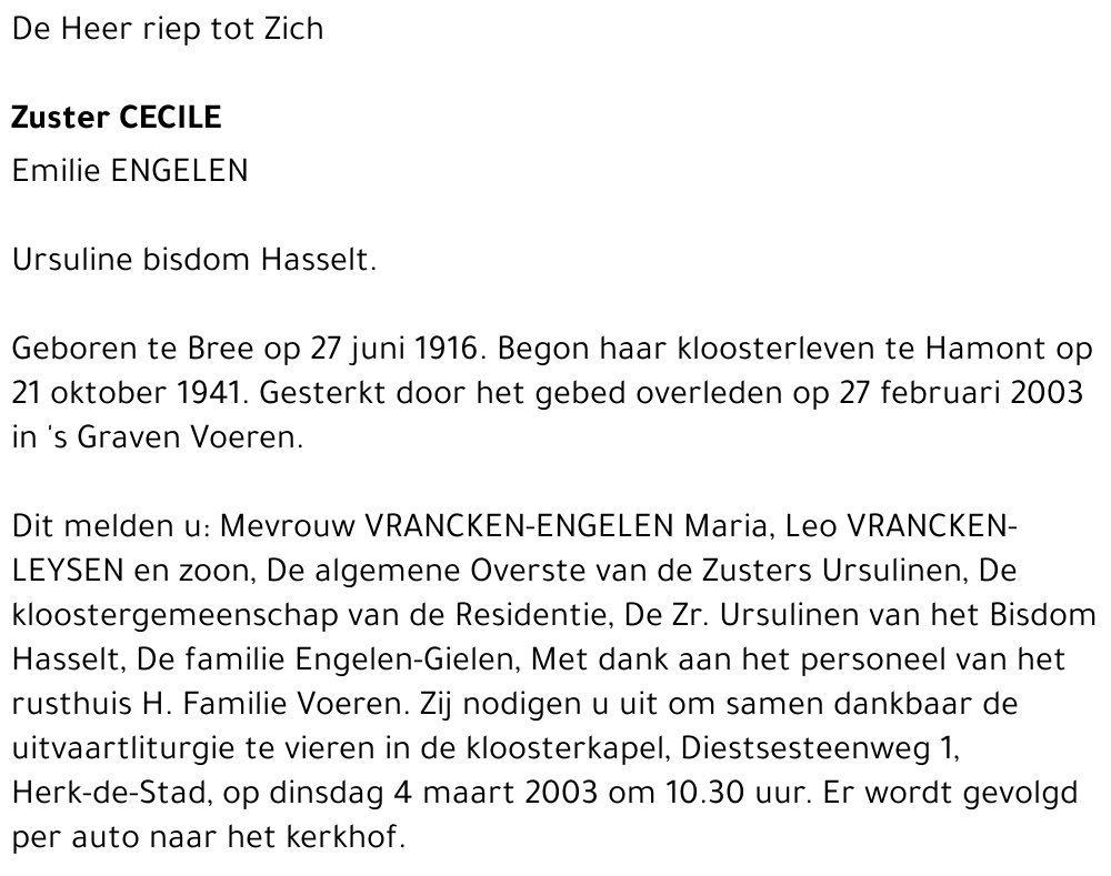 Zuster Cecile Engelen Emilie