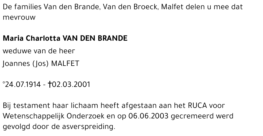 Maria Charlotta VAN DEN BRANDE