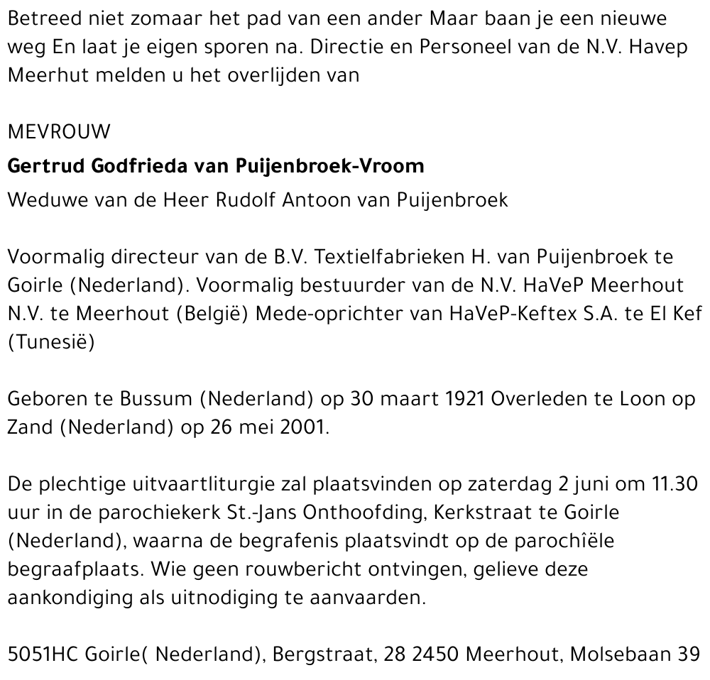 GERTRUD GODFRIEDA VAN PUIJENBROEK-VROOM