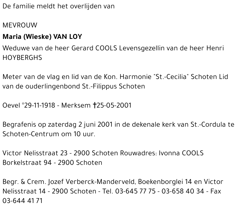 MARIA (WIESKE) VAN LOY