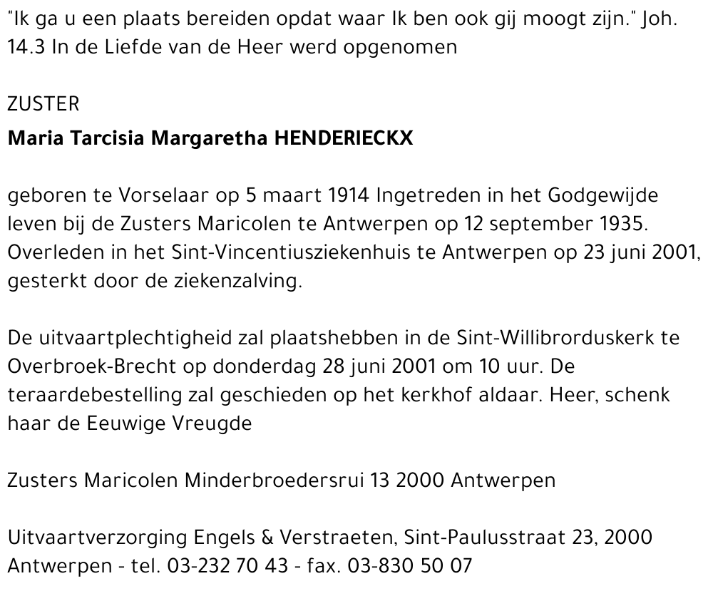 MARIA TARCISIA MARGARETHA HENDERIECKX