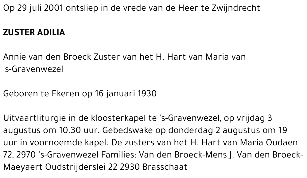 ANNIE (ZUSTER ADILIA) VAN DEN BROECK