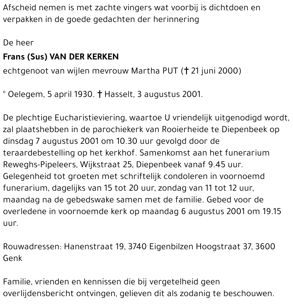 Frans (Sus) VAN DER KERKEN