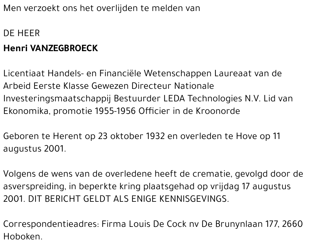 HENRI VANZEGBROECK