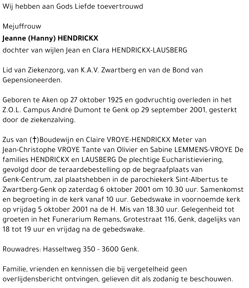 Jeanne (Hanny) HENDRICKX