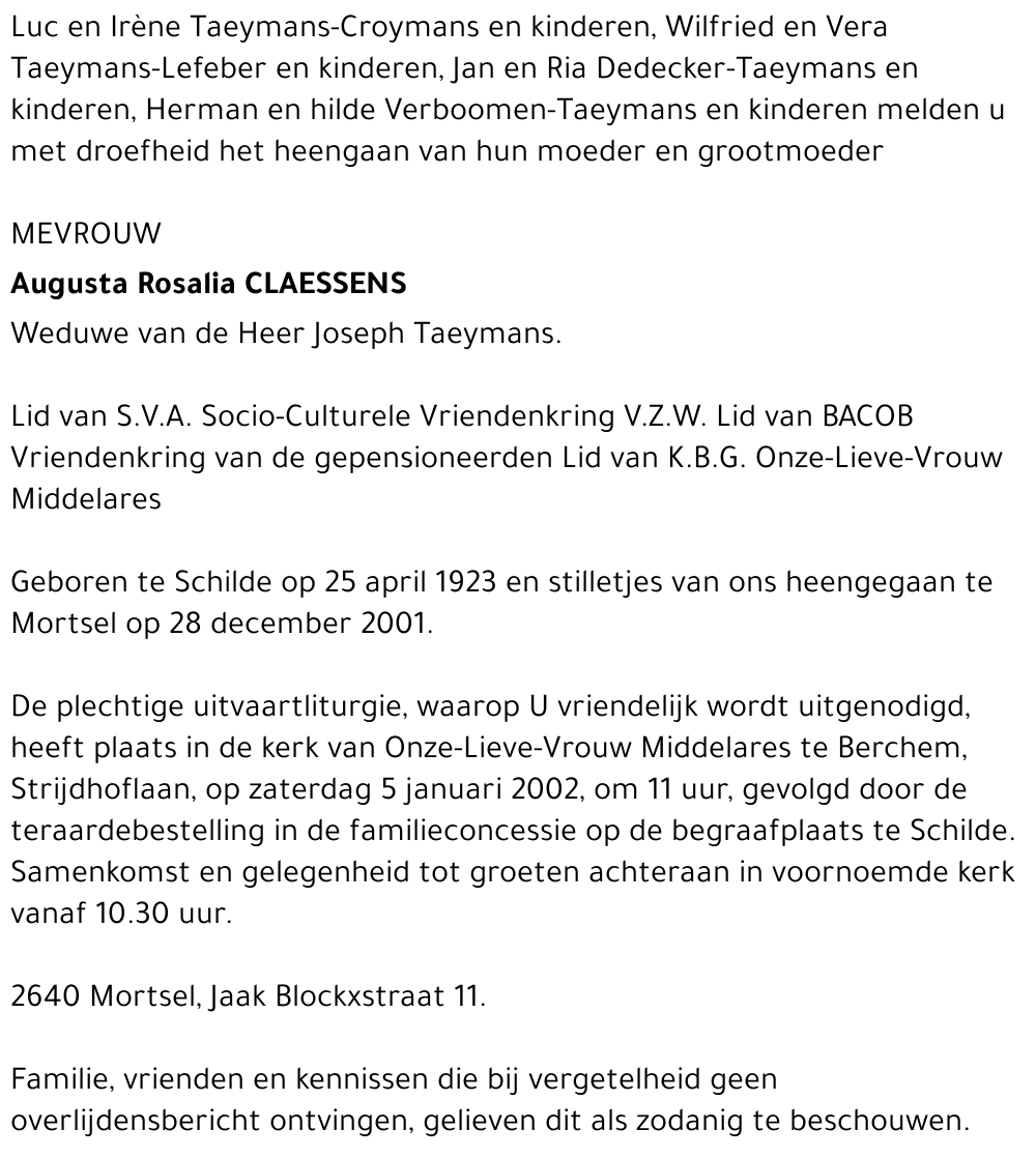 AUGUSTA ROSALIA CLAESSENS