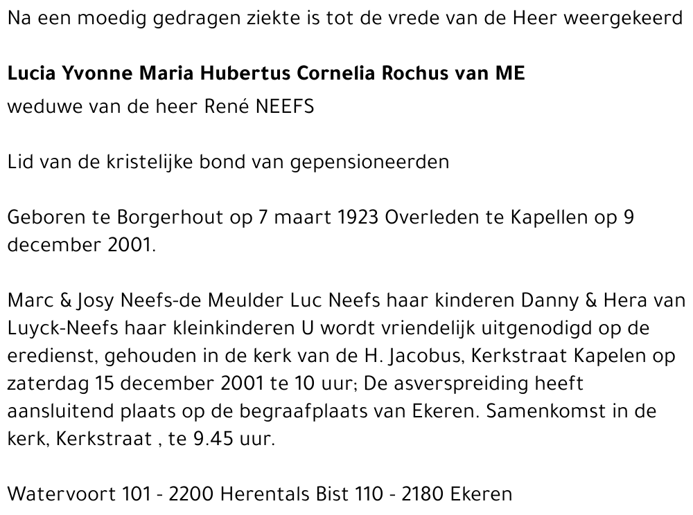 LUCIA YVONNE MARIA HUBERTUS CORNELIA R. VAN MEERBEECK