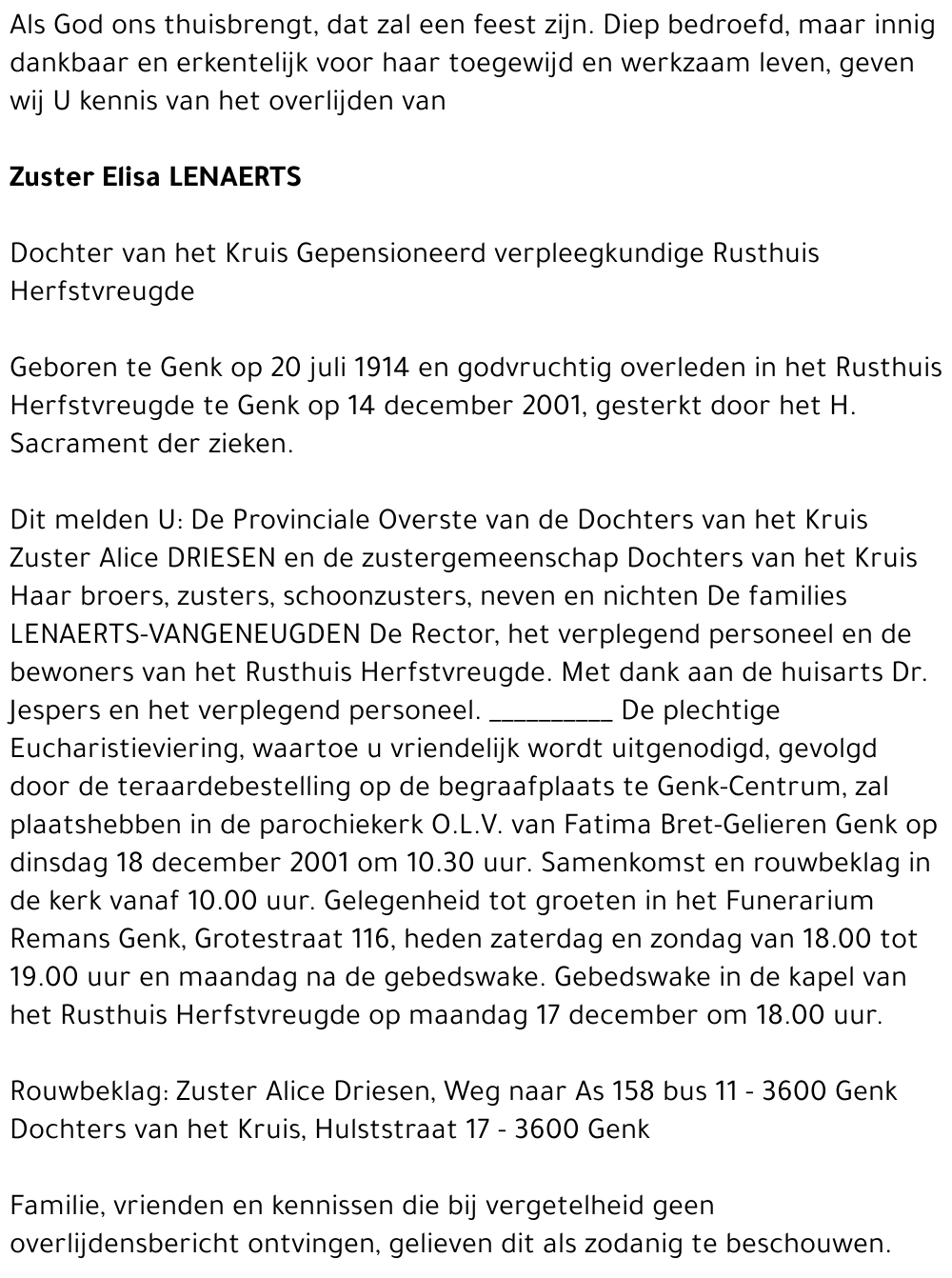 Zuster Elisa LENAERTS