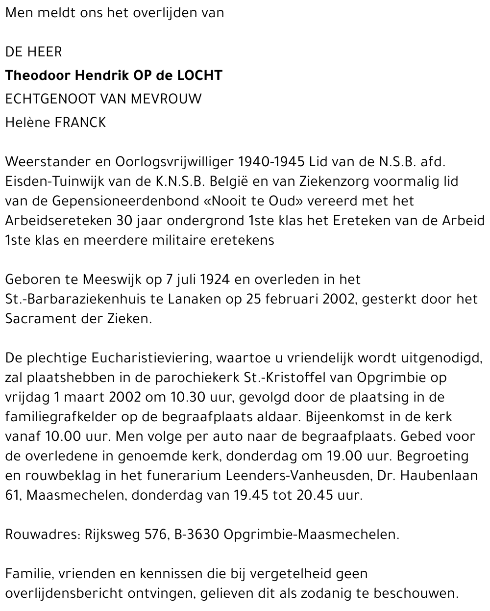 Theodoor Hendrik OP de LOCHT