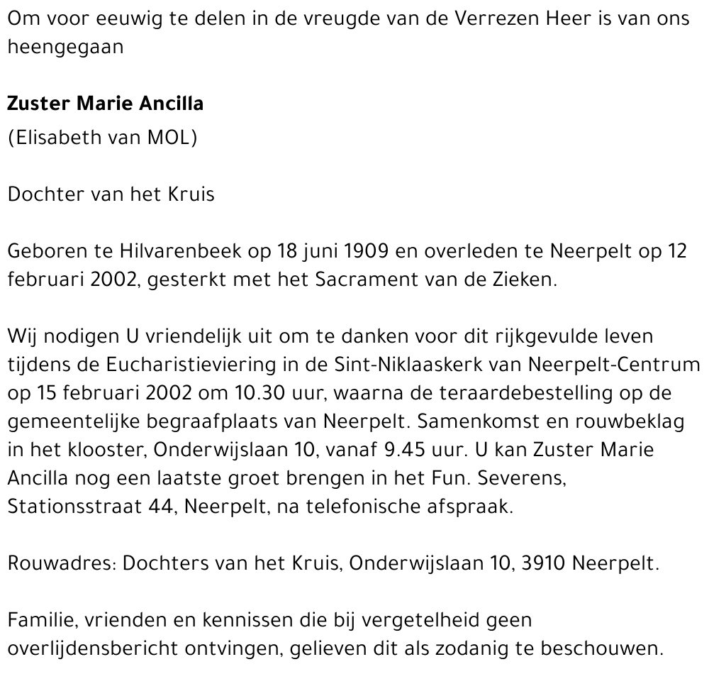 Zuster Marie Ancilla (Elisabeth) van Mol