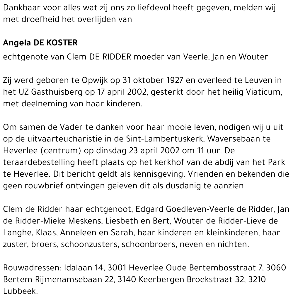 ANGELA DE KOSTER