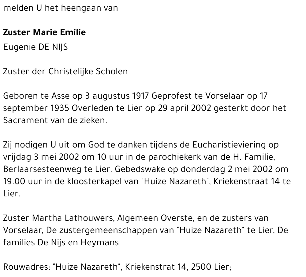 MARIE EMILIE (EUGENIE DE NIJS)