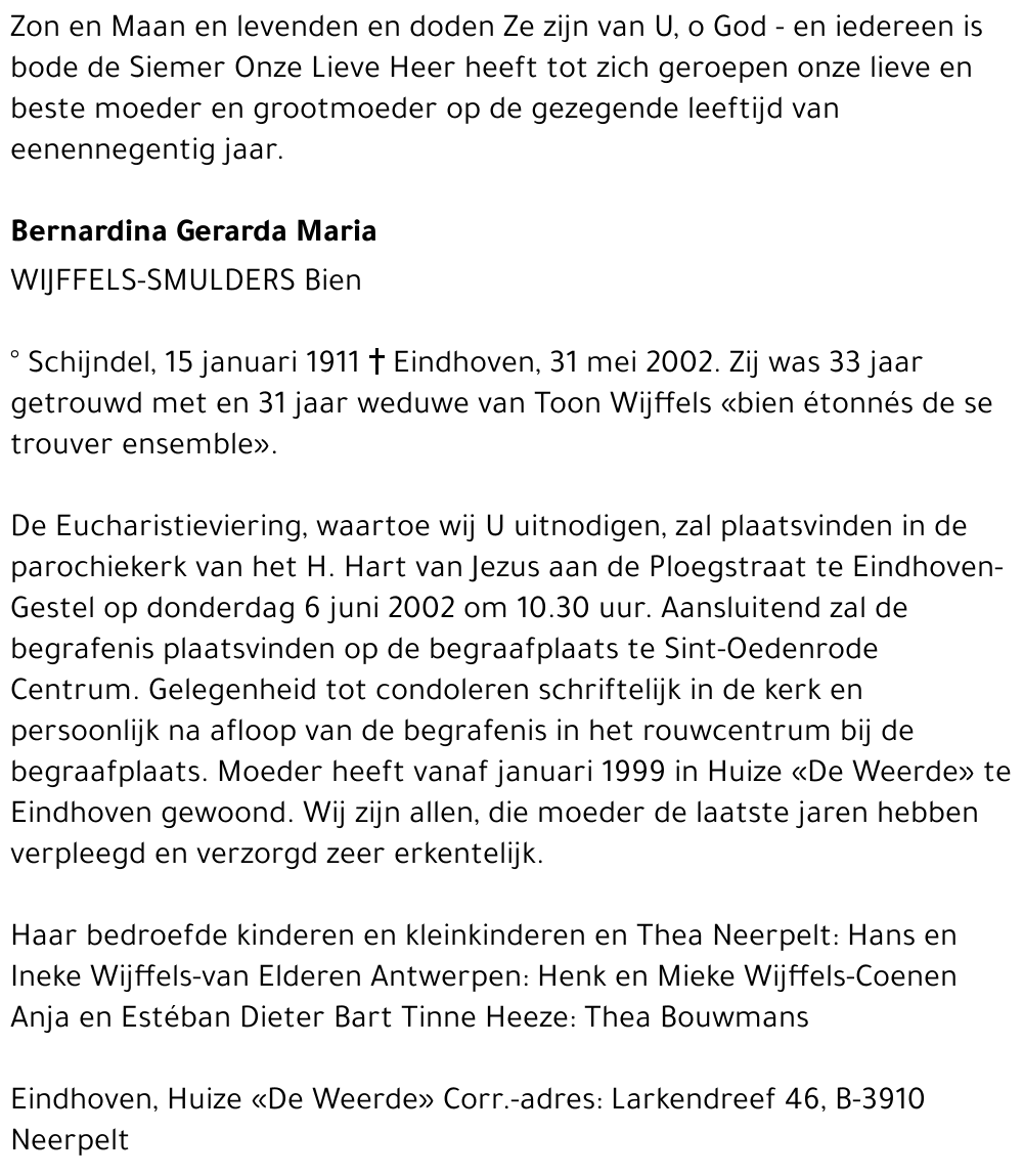 Bernardina Gerarda Maria Wijffels-Smulders (Bien)