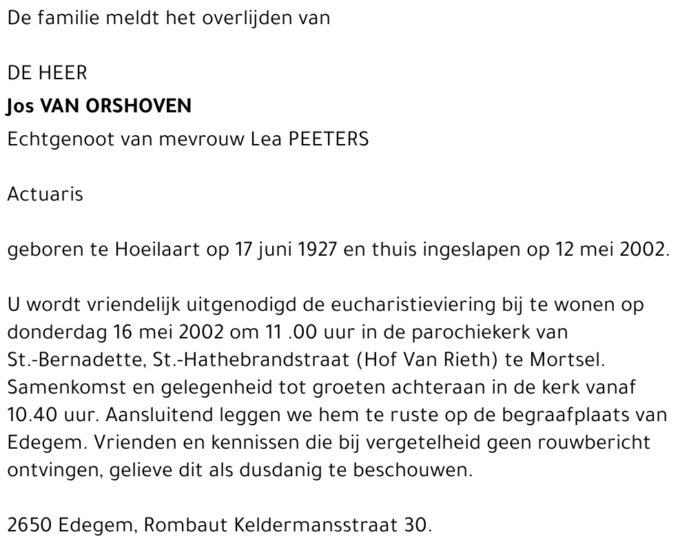 JOS VAN ORSHOVEN