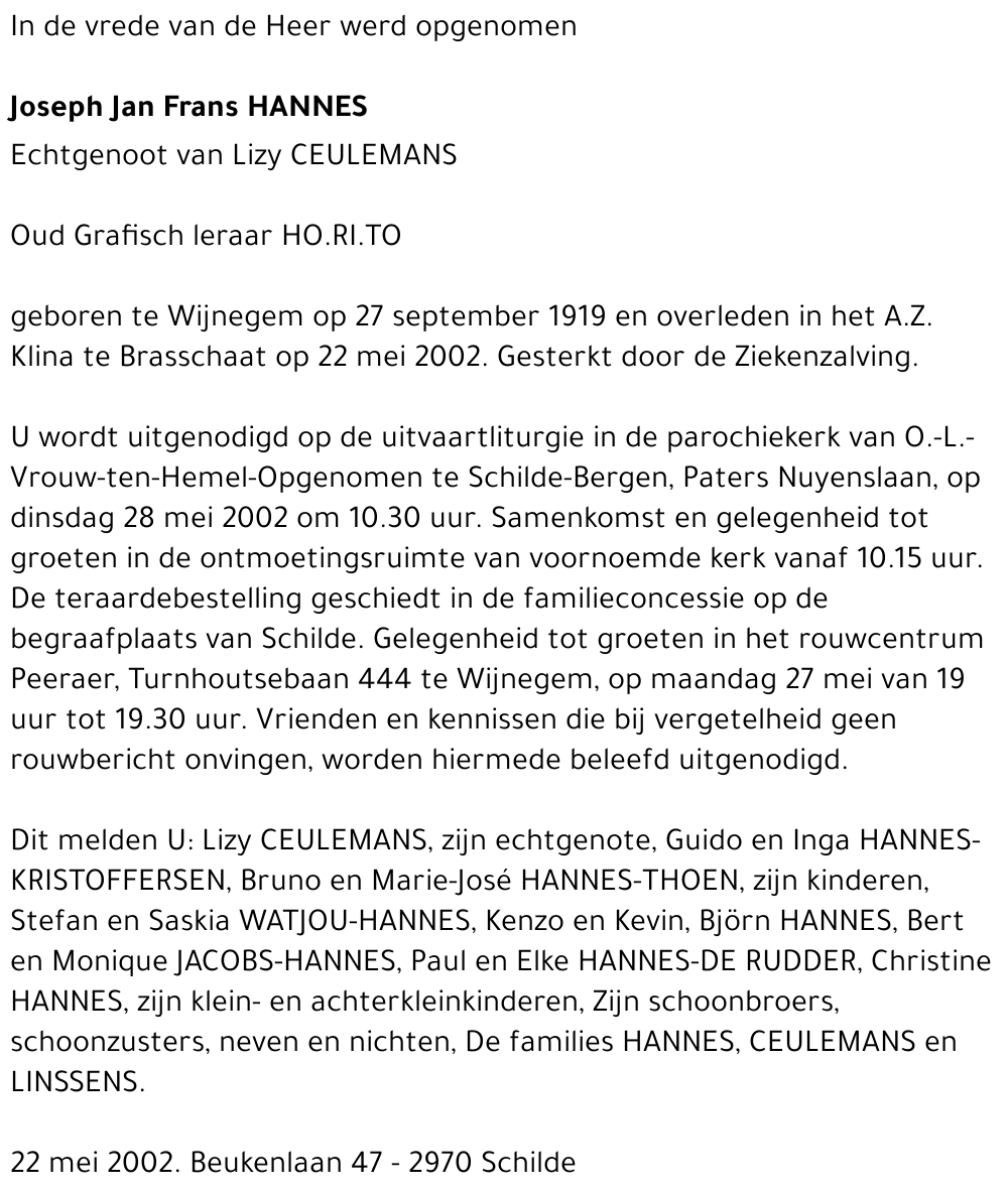 JOSEPH JAN FRANS HANNES