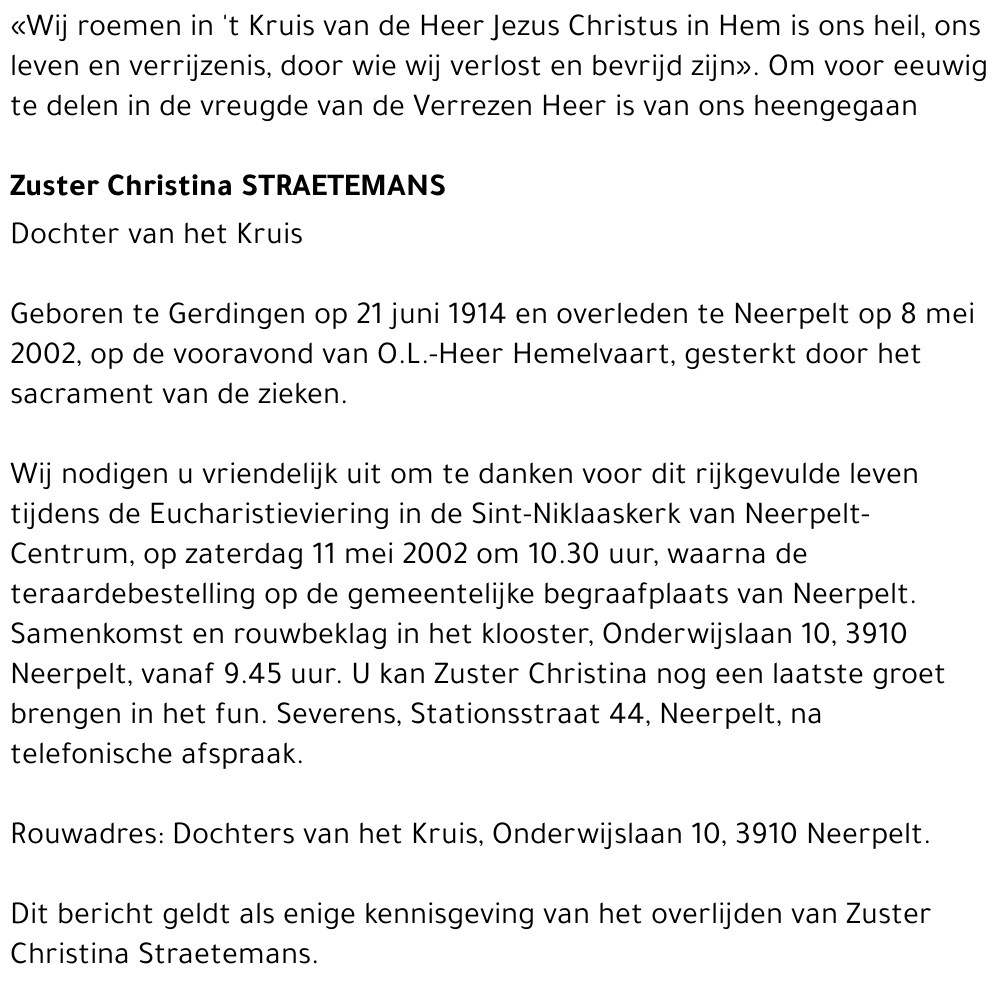 Zuster Christina Straetemans