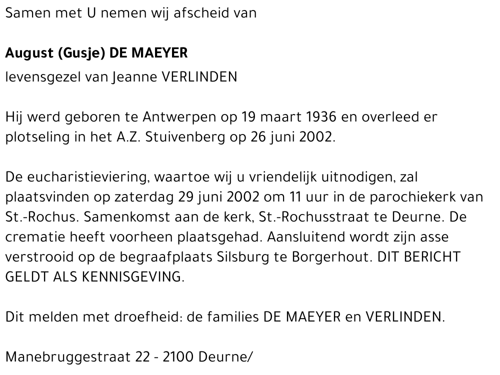 AUGUST (GUSJE) DE MAEYER