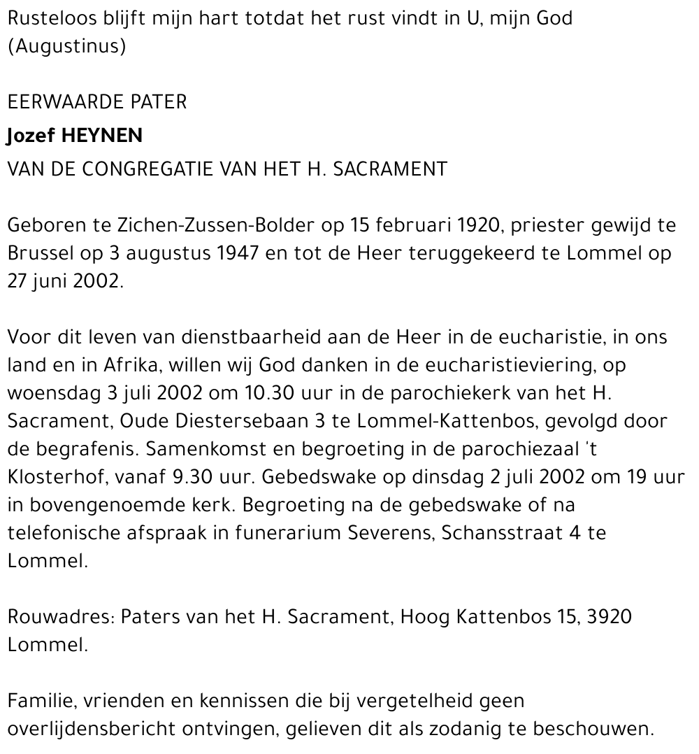 Eerwaarde pater Jozef Heynen