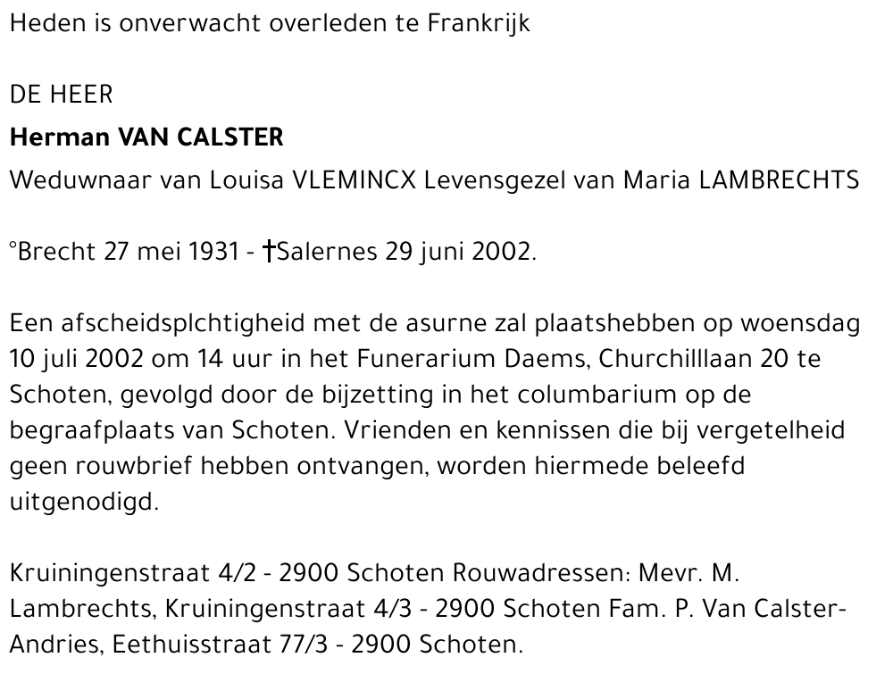HERMAN VAN CALSTER