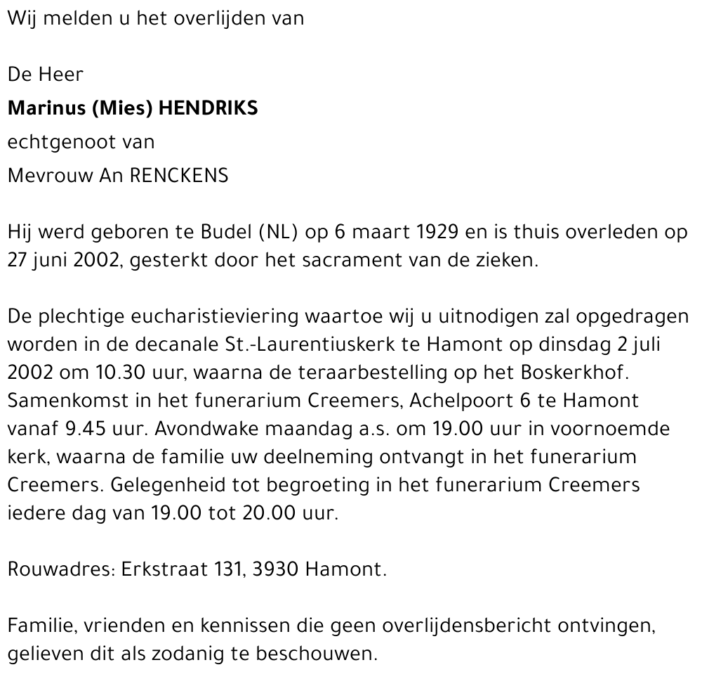 Marinus (Mies) HENDRIKS