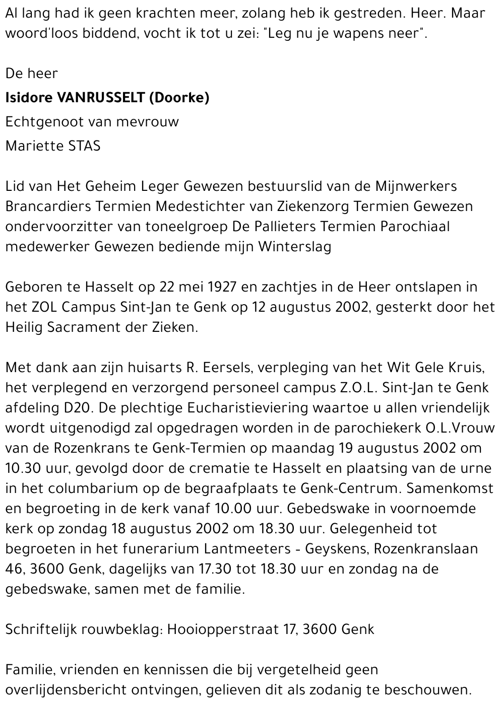 Isidore  (Doorke) VANRUSSELT