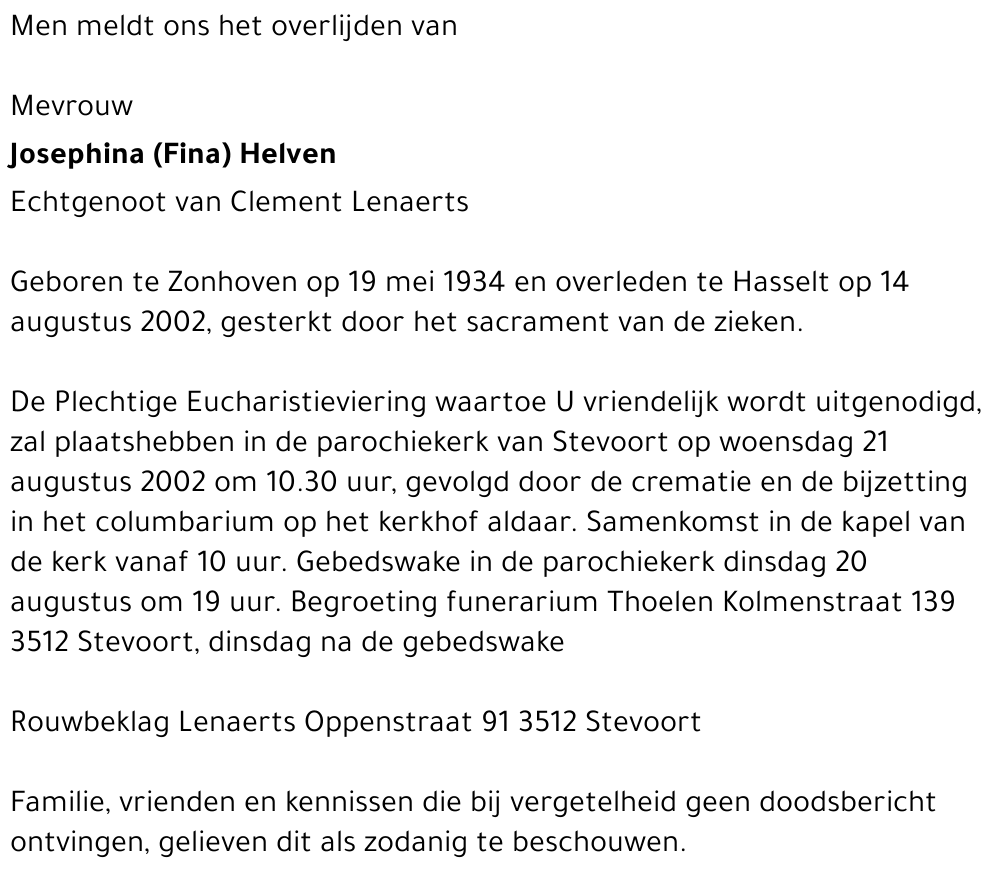 Josephina  (Fina) Helven