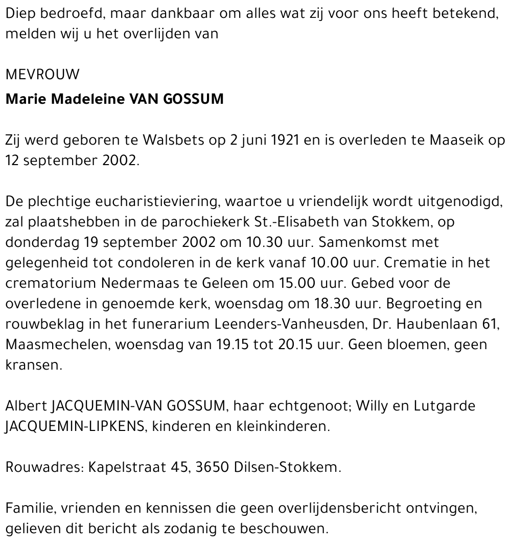 Marie Madeleine Van Gossum