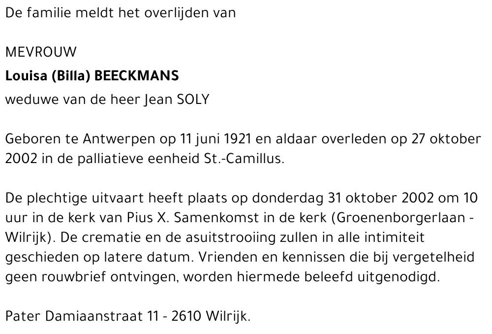 LOUISA (BILLA) BEECKMANS
