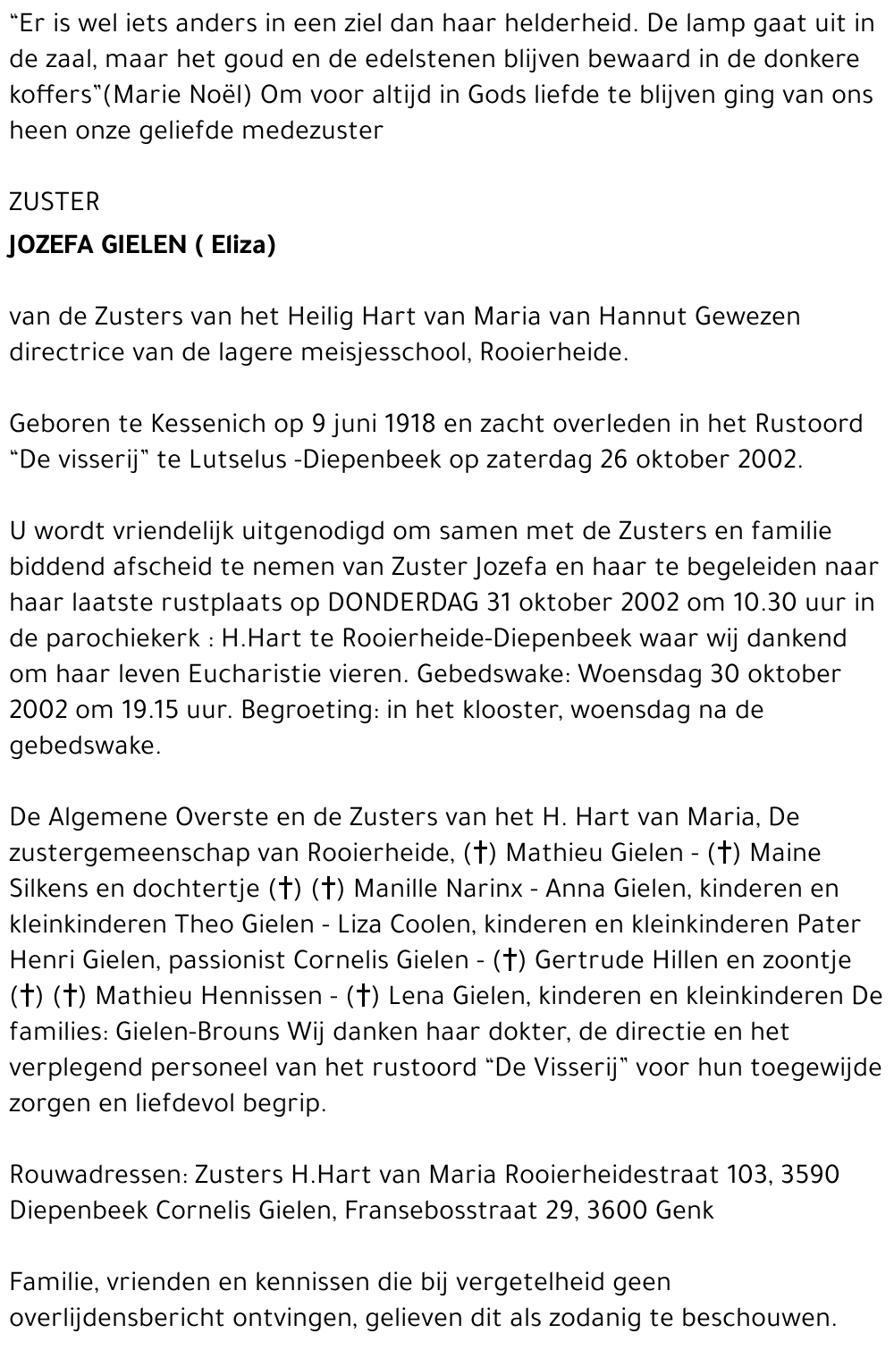 ZUSTER JOZEFA ( Eliza) GIELEN