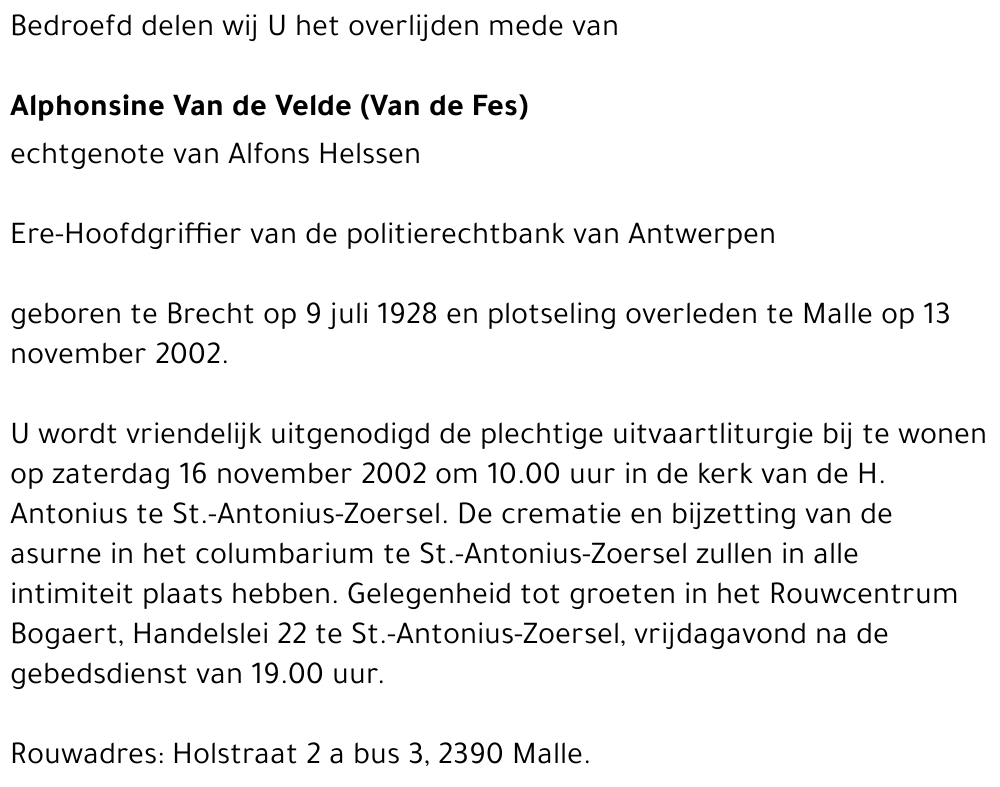 ALPHONSINE VAN DE VELDE