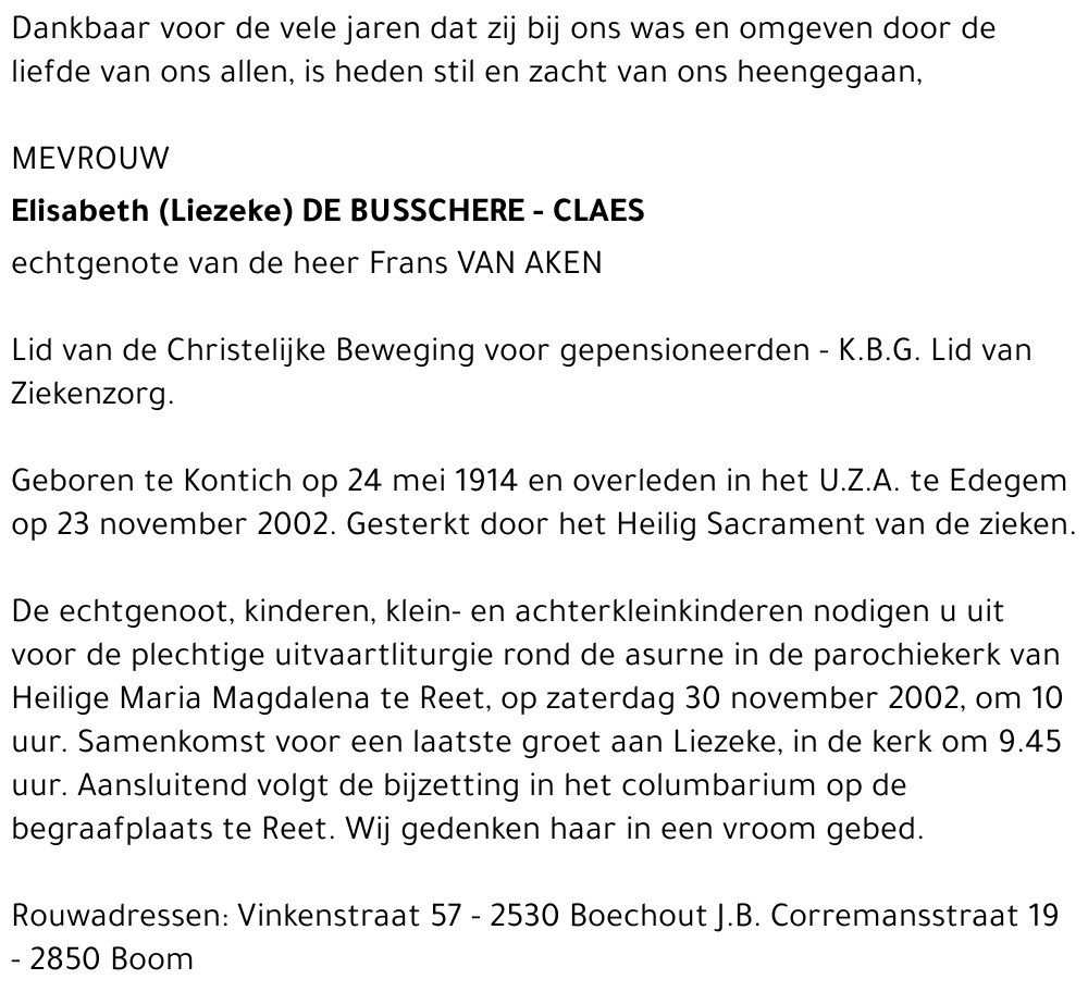 ELISABETH (LIEZEKE) DE BUSSCHERE-CLAES