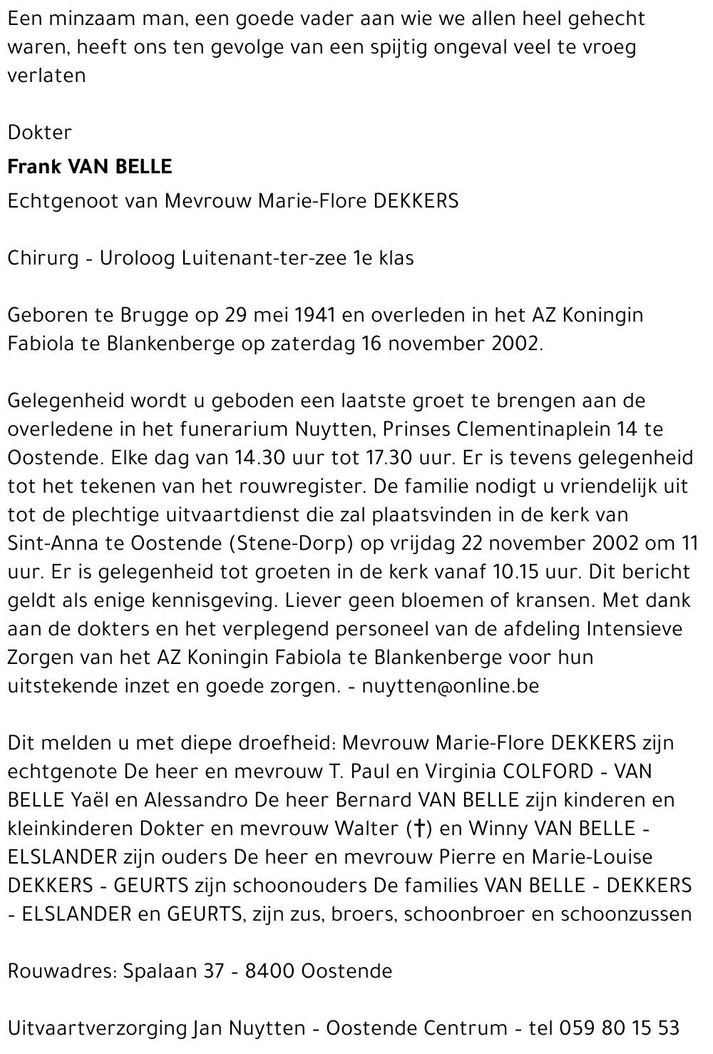 FRANK VAN BELLE
