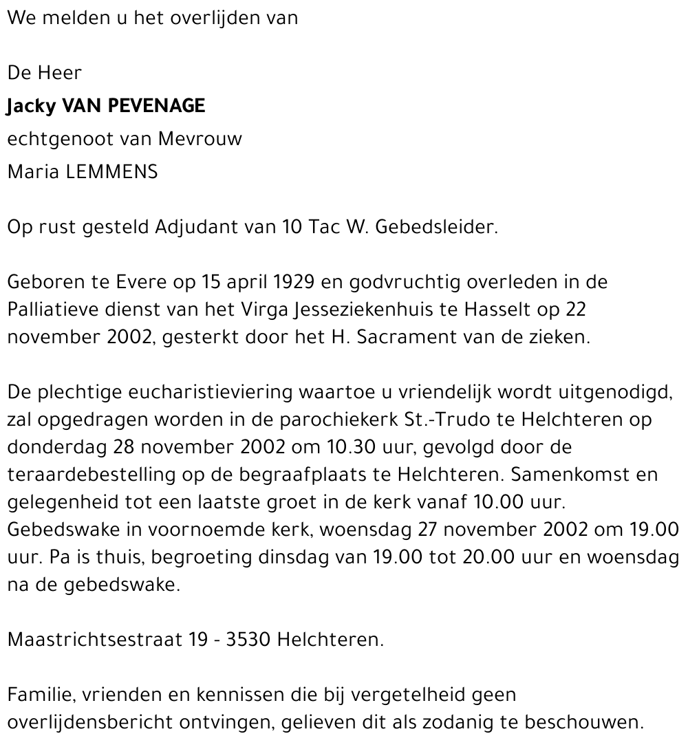 Jacky VAN  PEVENAGE