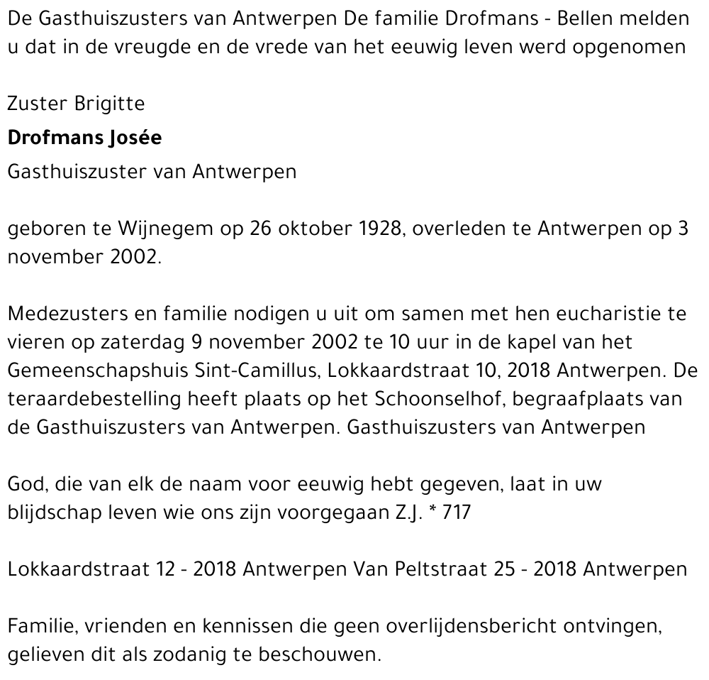Josée (Zuster Brigitte) DROFMANS