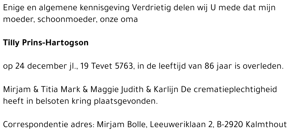 TILLY PRINS-HARTOGSON