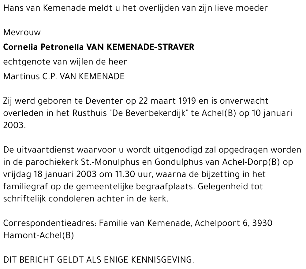 Cornelia,Petronella van Kemenade-Straver