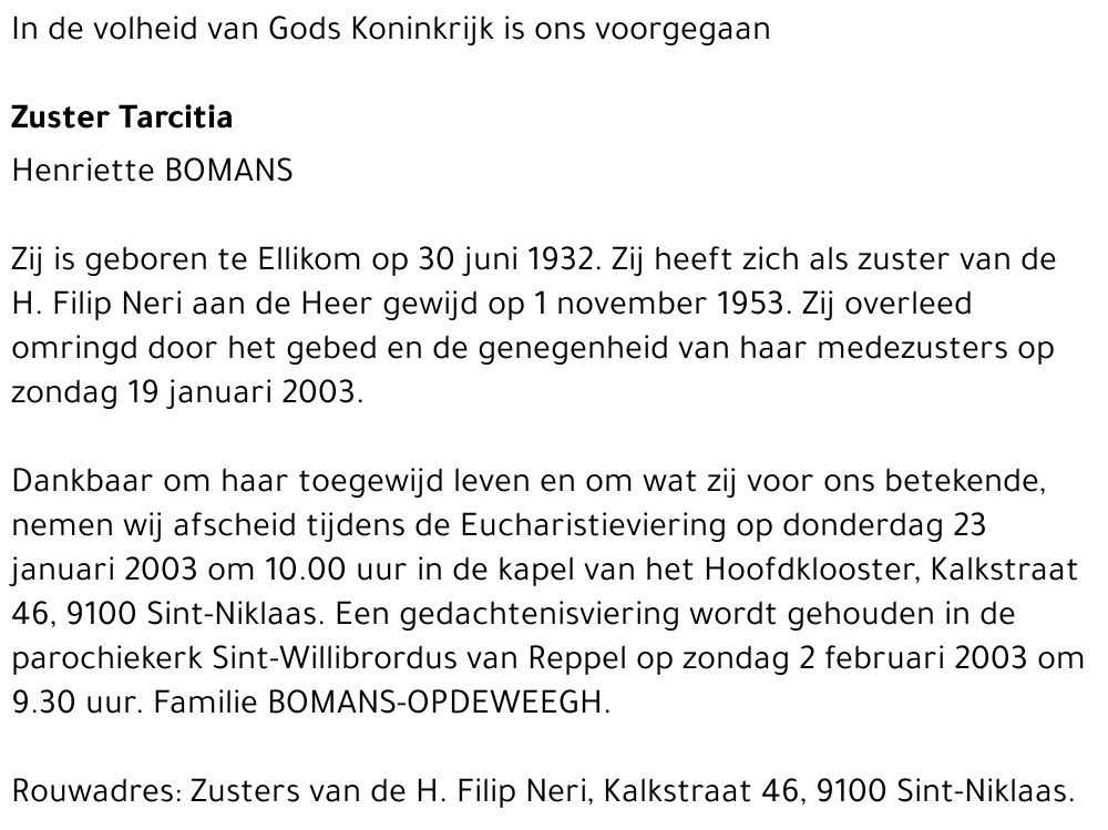 Henriette - Zuster Tarcitia Bomans