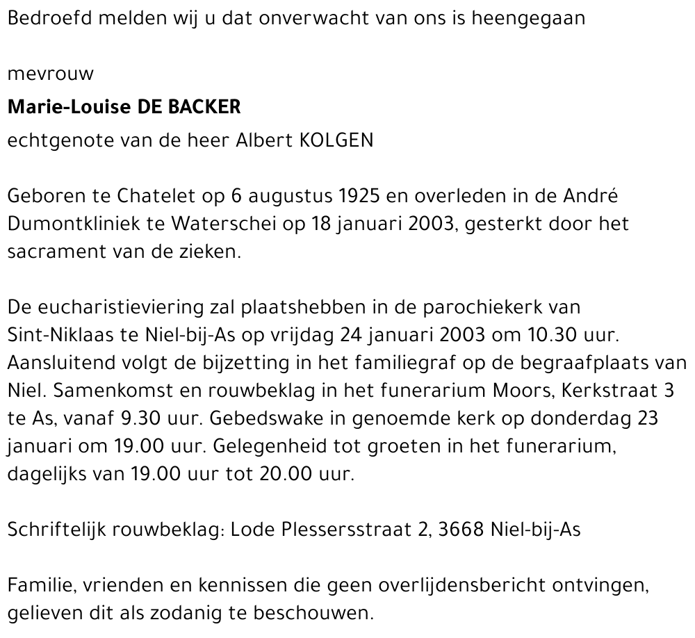 Marie Louise De Backer