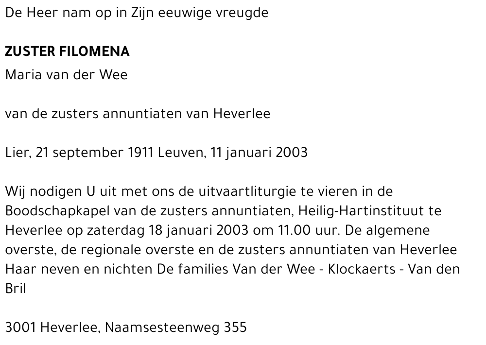 Zuster Filomena Maria Van der Wee
