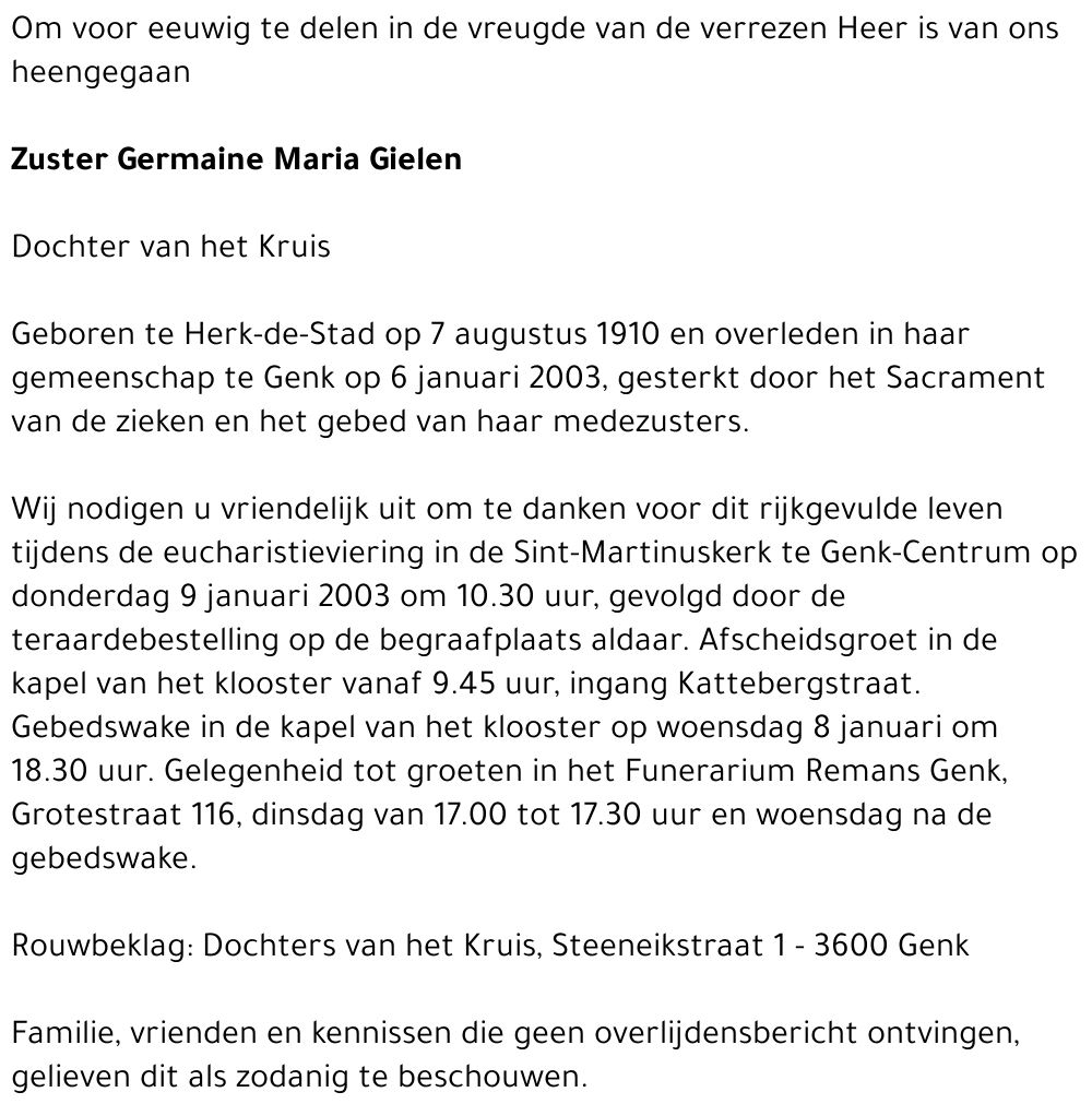* Zuster Germaine  Maria Gielen