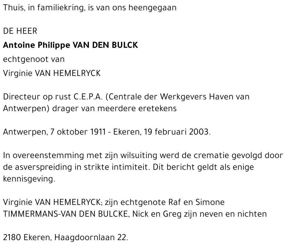 ANTOINE PHILIPPE VAN DEN BULCKE