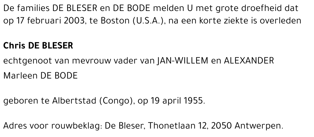 CHRIS DE BLESER