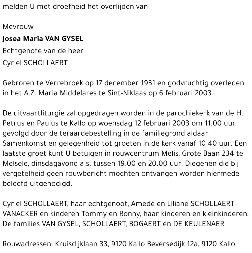 Josea Maria VAN GYSEL