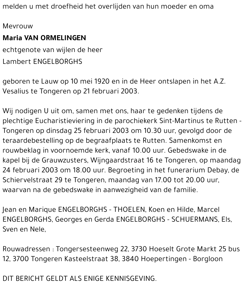 Maria VAN ORMELINGEN