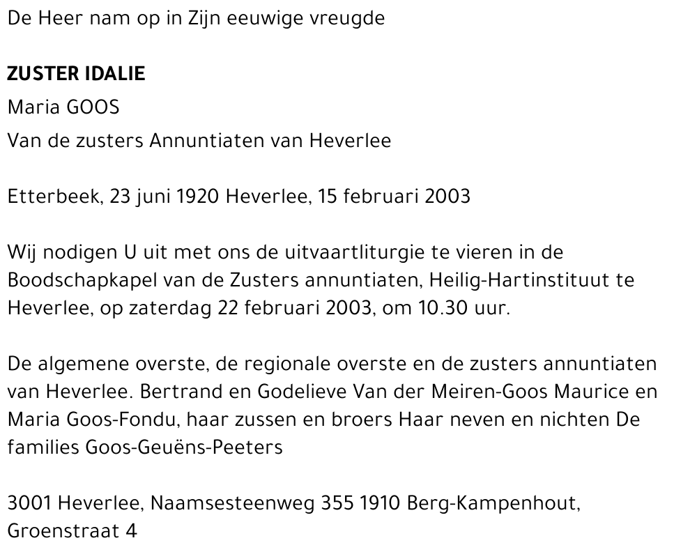 Maria (Zuster Idalie) Goos