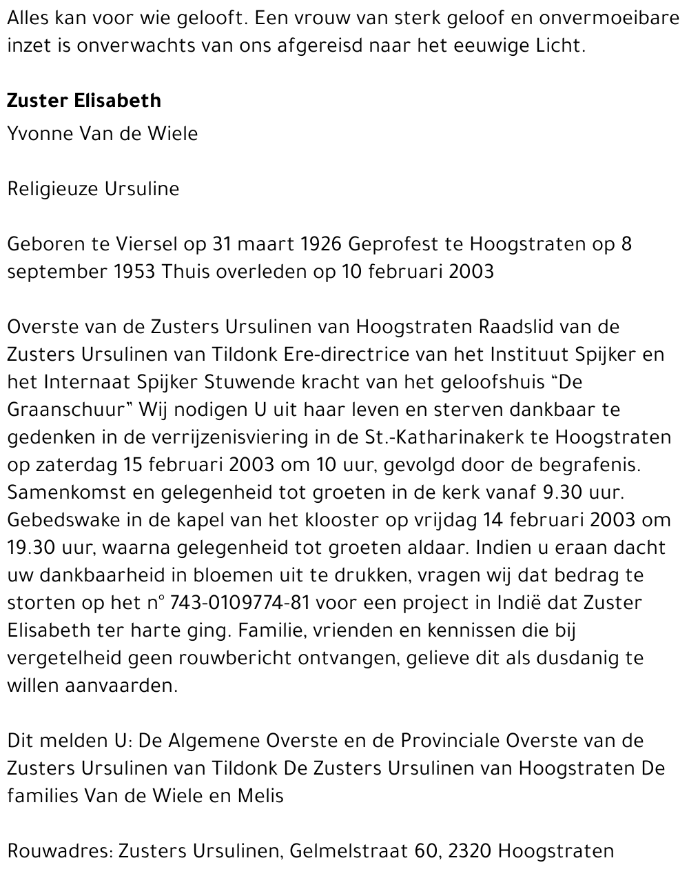 Yvonne ( Zuster Elisabeth) Van de Wiele