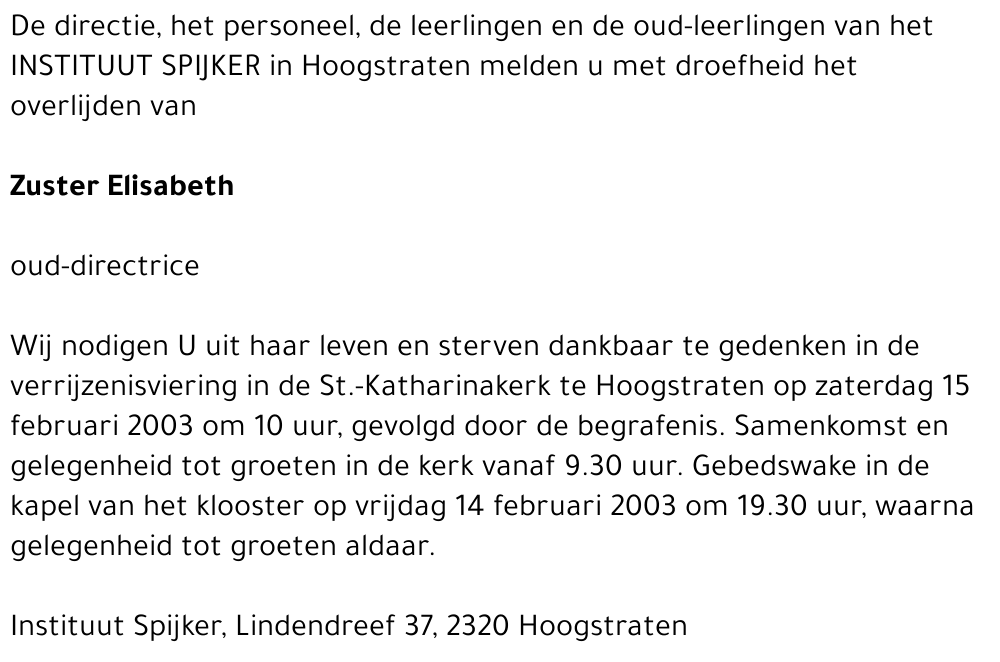 Yvonne ( Zuster Elisabeth) Van de Wiele